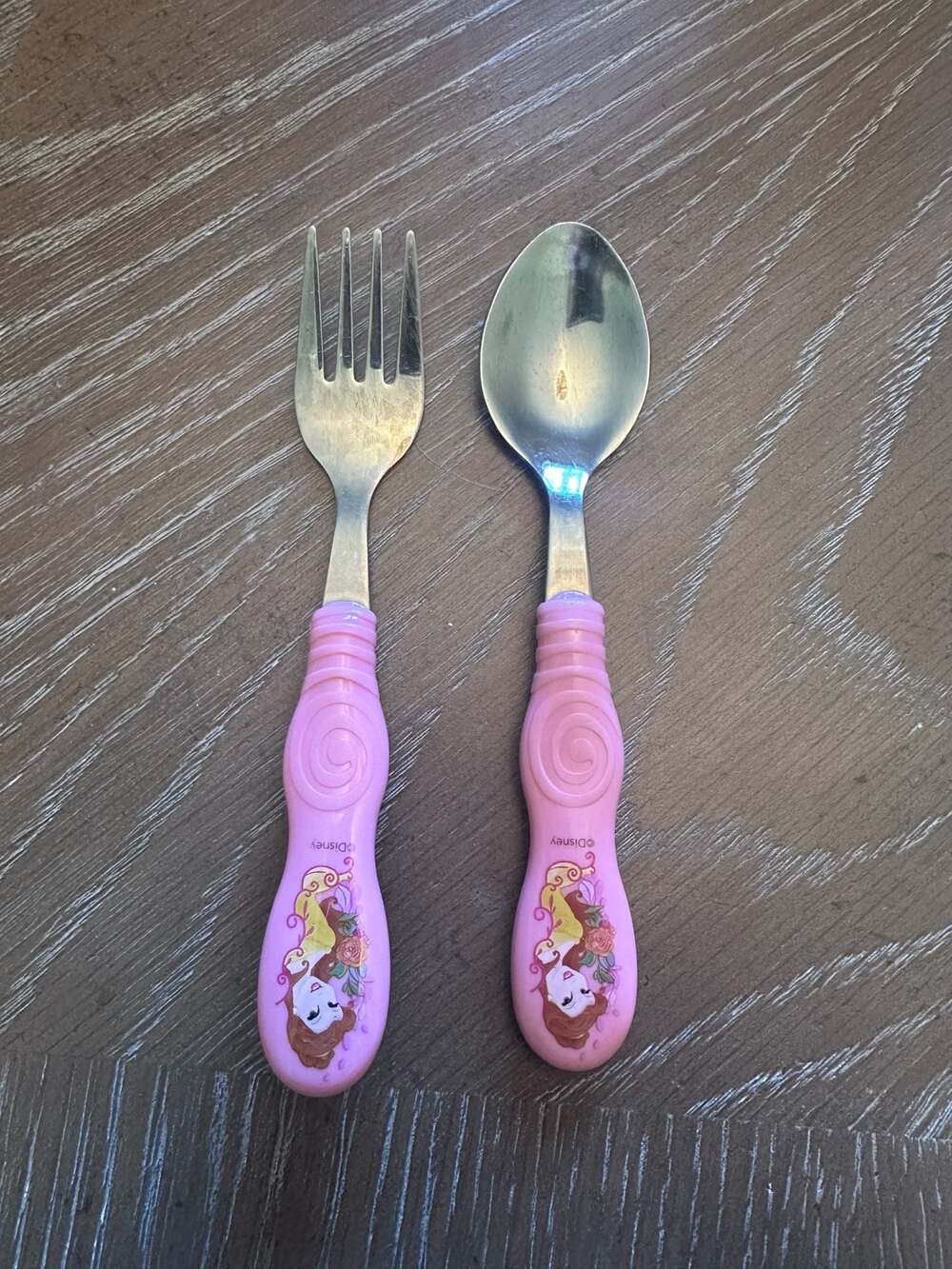 Disney Belle Pink Handle Stainless Steel Toddler Fork and Spoon Set Beauty Beast